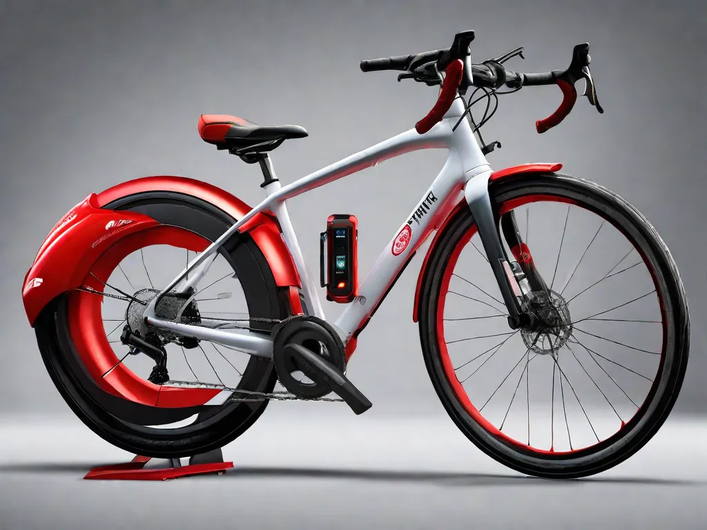 Uma imagem de close-up do guidão de uma bicicleta equipado com um dispositivo GPS montado e um botão de alerta de emergência na cor vermelha brilhante, com um colete de segurança refletivo sobre o selim e um capacete com uma luz LED embutida repousando sobre o guidão.