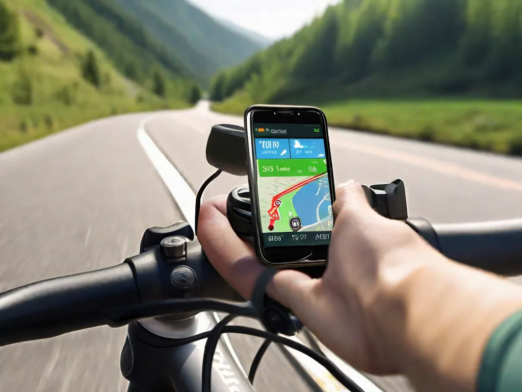 Um smartphone acoplado ao guidão de uma bicicleta, exibindo um aplicativo de navegação GPS com um mapa nítido e uma rota destacada. Ao lado, um smartwatch no pulso do ciclista mostra a frequência cardíaca em tempo real e estatísticas de ciclismo. Ao fundo, uma estrada cênica se estende à frente.