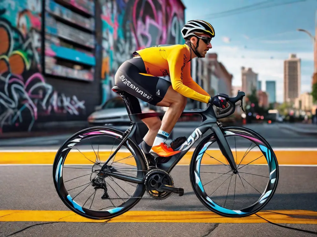 Uma elegante bicicleta de estrada está encostada em uma parede vibrante de grafite, com a paisagem urbana movimentada ao fundo. Buracos, trilhos de bonde e faixas de pedestres são visíveis, simbolizando os obstáculos urbanos que os ciclistas enfrentam diariamente.