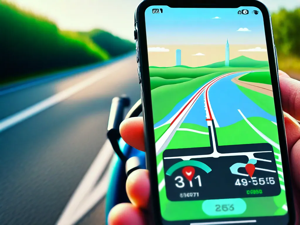 Ilustração: Um close-up de um guidão de bicicleta com um smartphone firmemente fixado nele. A tela do telefone exibe um aplicativo de navegação, indicando a rota. Ao fundo, uma paisagem desfocada de uma tranquila ciclovia pode ser vista, enfatizando a importância de manter o foco e evitar distrações ao pedalar.