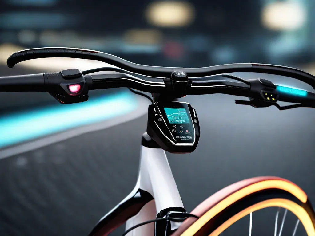 Descrição da imagem: Um close-up de um guidão de bicicleta futurista e elegante, mostrando seus recursos tecnológicos avançados. O guidão está equipado com uma tela digital que exibe vários dados, como velocidade, distância percorrida e navegação. Recursos adicionais incluem luzes de LED integradas, um sistema de GPS embutido e conectividade sem fio para sincronização com smartphones