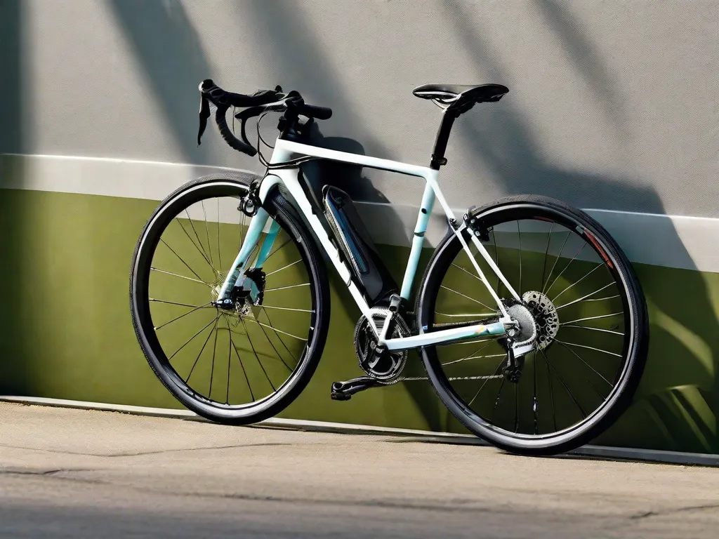 Uma elegante bicicleta híbrida está encostada em uma parede urbana iluminada pelo sol. Seu quadro combina características de bicicletas de estrada e de montanha, com pneus finos, um guidão plano e um selim confortável. A bicicleta está equipada com um bagageiro, sugerindo sua versatilidade para deslocamentos diários e passeios de lazer.