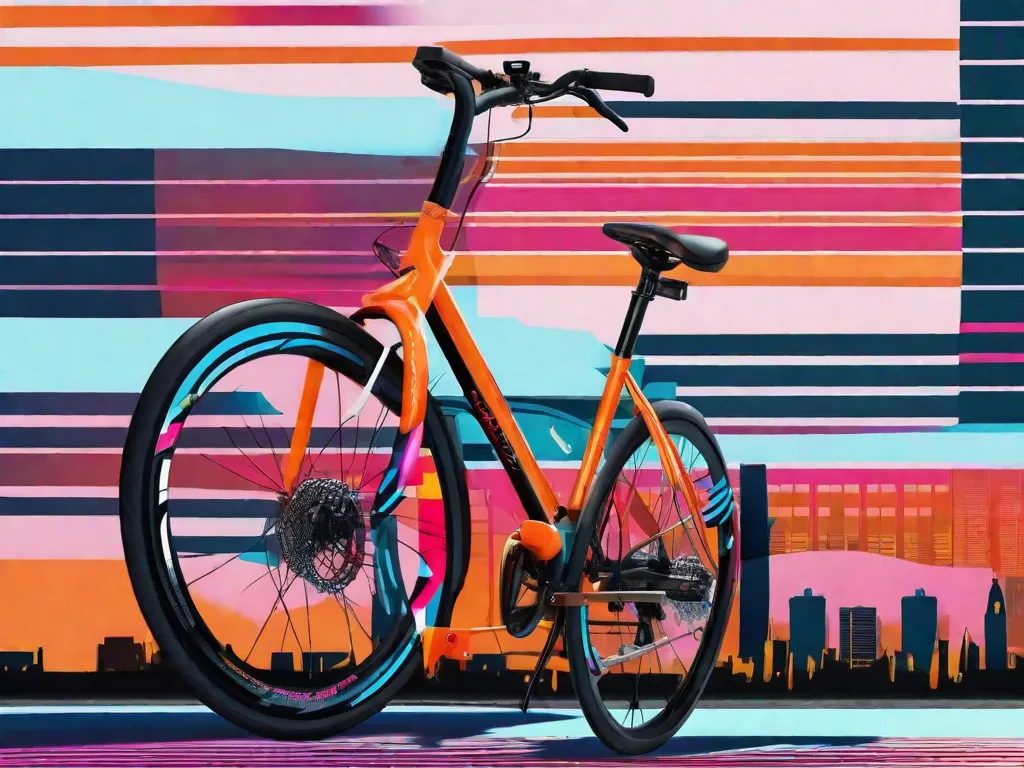 Uma imagem em close de uma bicicleta híbrida elegante e estilosa estacionada contra um cenário vibrante da cidade. A imagem destaca a versatilidade das bicicletas híbridas, com seu quadro resistente, assento confortável e acessórios práticos como um bagageiro traseiro e para-lamas. Ela incorpora as vantagens das bicicletas híbridas para des