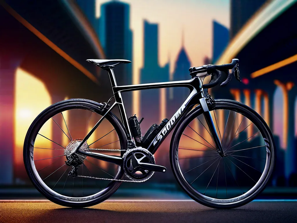 Uma imagem de uma bicicleta de estrada elegante e de alta qualidade apoiada em um cenário de cidade luxuosa. O quadro de carbono brilhante da bicicleta e seus componentes premium exalam elegância e sofisticação, representando o ápice do luxo no mundo do ciclismo.