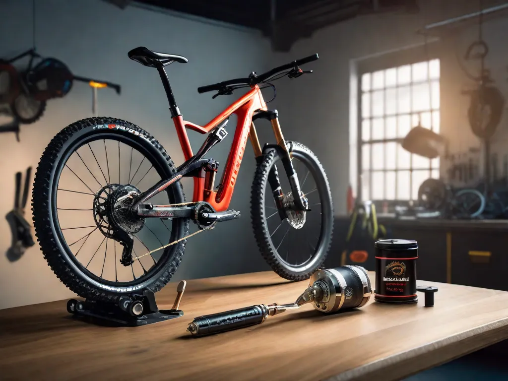 Uma bicicleta de montanha suspensa em um suporte, seu amortecedor e garfo exibidos de forma proeminente, com uma ferramenta multifuncional e um medidor de pressão repousando em uma bancada próxima, prontos para o ajuste da suspensão.