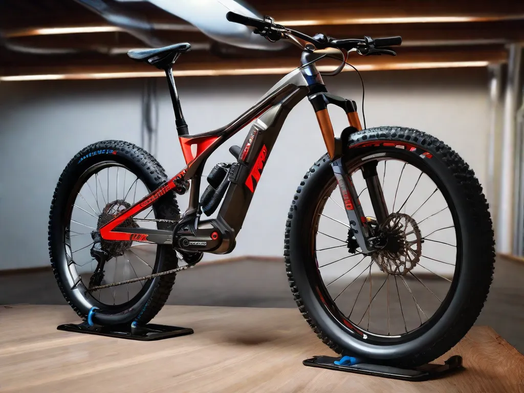 Uma bicicleta de montanha estacionada contra um cenário externo acidentado, com seu quadro de suspensão total em foco, destacando os botões ajustáveis no garfo e no amortecedor traseiro, com uma ferramenta multifuncional e uma bomba de choque repousando sobre uma pedra ao lado dela.