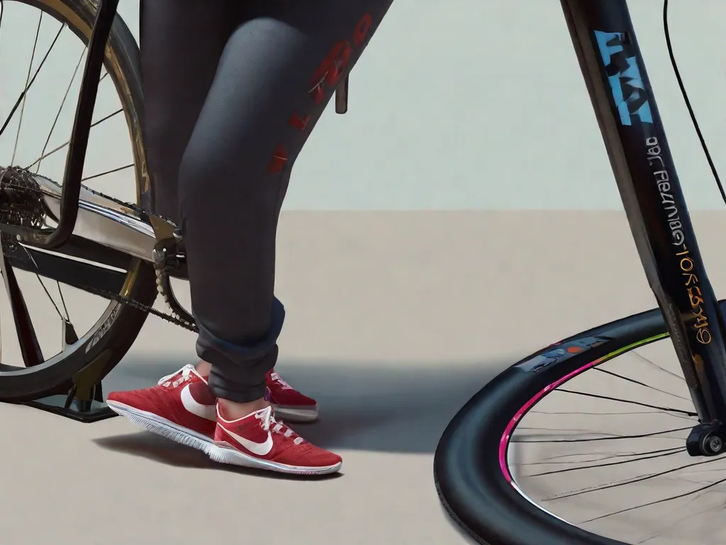 Descrição: Uma imagem em close-up de uma pessoa em pé ao lado de uma bicicleta, com os pés apoiados no chão. A altura da pessoa é marcada em uma fita métrica presa ao quadro da bicicleta, destacando a importância de escolher o tamanho correto da bicicleta com base na altura da pessoa.