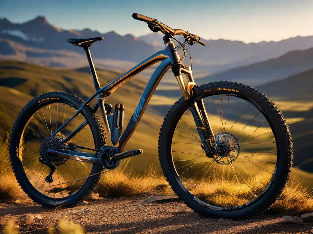 Uma bicicleta apoiada contra uma cerca de madeira rústica com um pano de fundo de colinas verdes ondulantes sob um céu azul limpo. O cesto da frente da bicicleta contém uma câmera vintage, um mapa e uma garrafa de água, prontos para um dia de exploração e fotografia em trilhas cênicas.