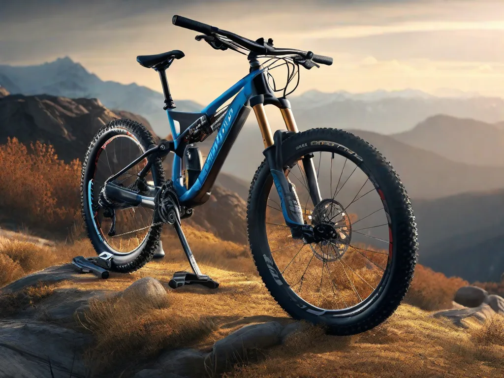 Uma mountain bike suspensa em um suporte, com foco em sua suspensão dianteira ajustável e amortecedor traseiro, ferramentas como uma bomba de choque e uma chave de torque por perto, contra o cenário de uma trilha acidentada.