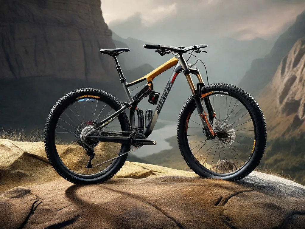 Uma bicicleta de montanha estacionada contra um cenário externo acidentado, com seu quadro de suspensão total em foco, destacando os botões ajustáveis no garfo e no amortecedor traseiro, com uma ferramenta multifuncional e uma bomba de choque repousando sobre uma pedra ao lado dela.