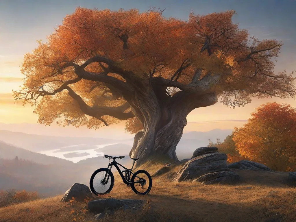 Uma bicicleta de montanha repousa contra uma árvore antiga no pico de uma colina, com vista para uma visão panorâmica de uma trilha acidentada com folhas de outono espalhadas ao redor. A névoa da manhã cedo se agarra às montanhas distantes, sugerindo o início de uma jornada aventureira.