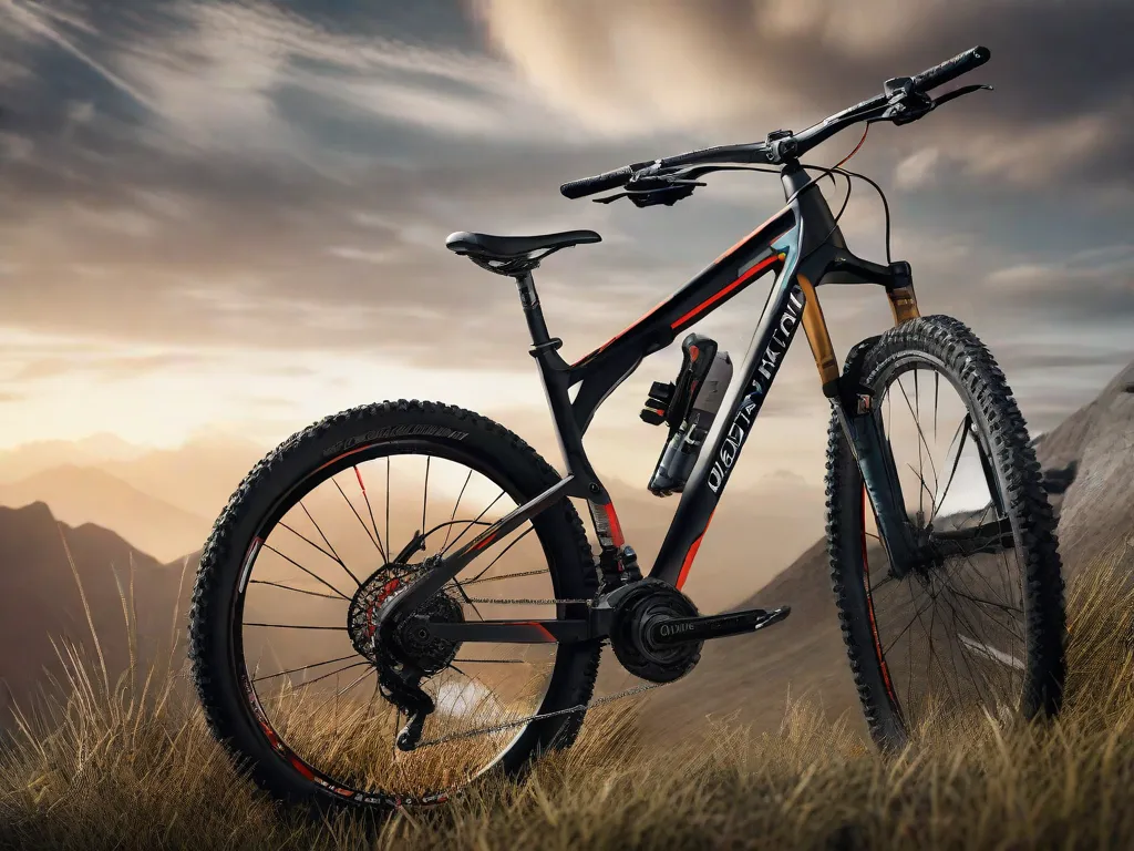 Uma mountain bike posicionada em um ângulo, destacando sua suspensão dianteira com amortecedores proeminentes e uma unidade de suspensão traseira perto da base do canote do selim, com uma trilha acidentada ao fundo.
