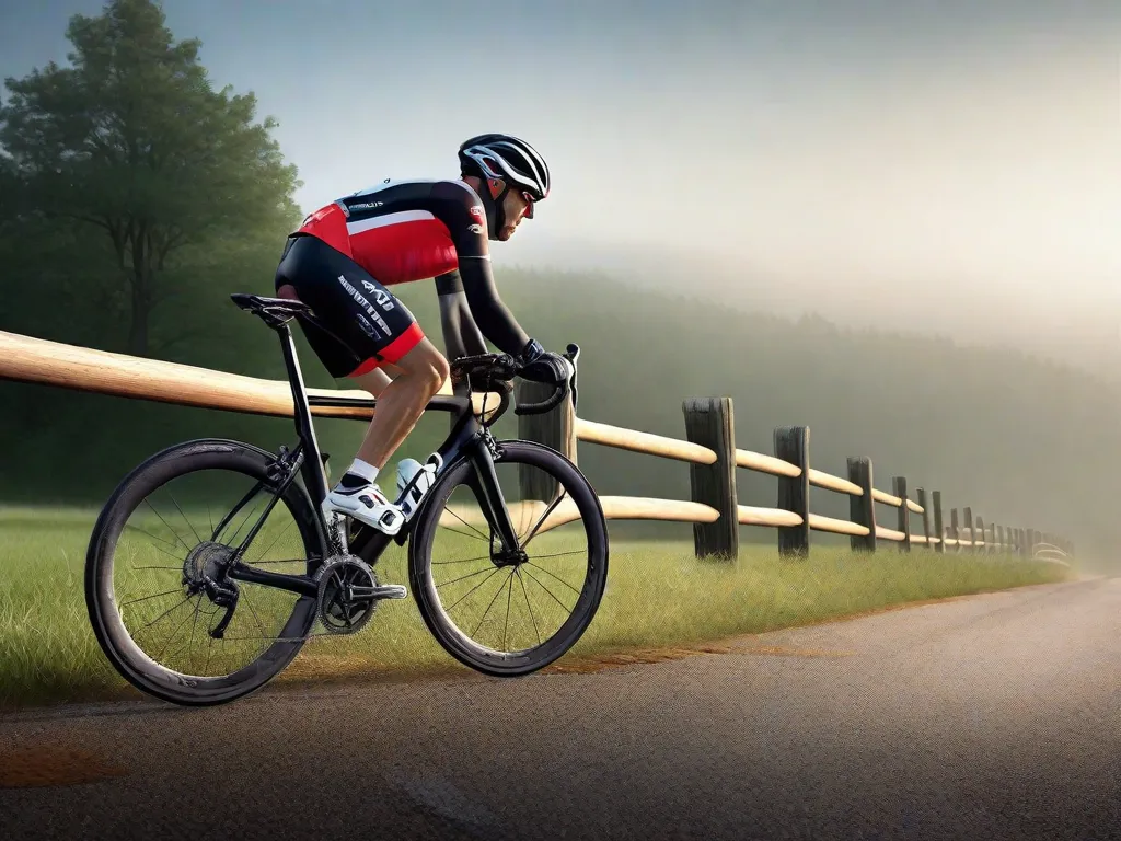 Uma elegante bicicleta de estrada está encostada em uma cerca de madeira, com a névoa da manhã se elevando da tranquila estrada rural à frente. Um capacete, luvas e uma garrafa de água repousam sobre uma pedra próxima, sinalizando a cuidadosa preparação de um ciclista para a corrida do dia. A antecipação da competição paira palpavelmente no ar