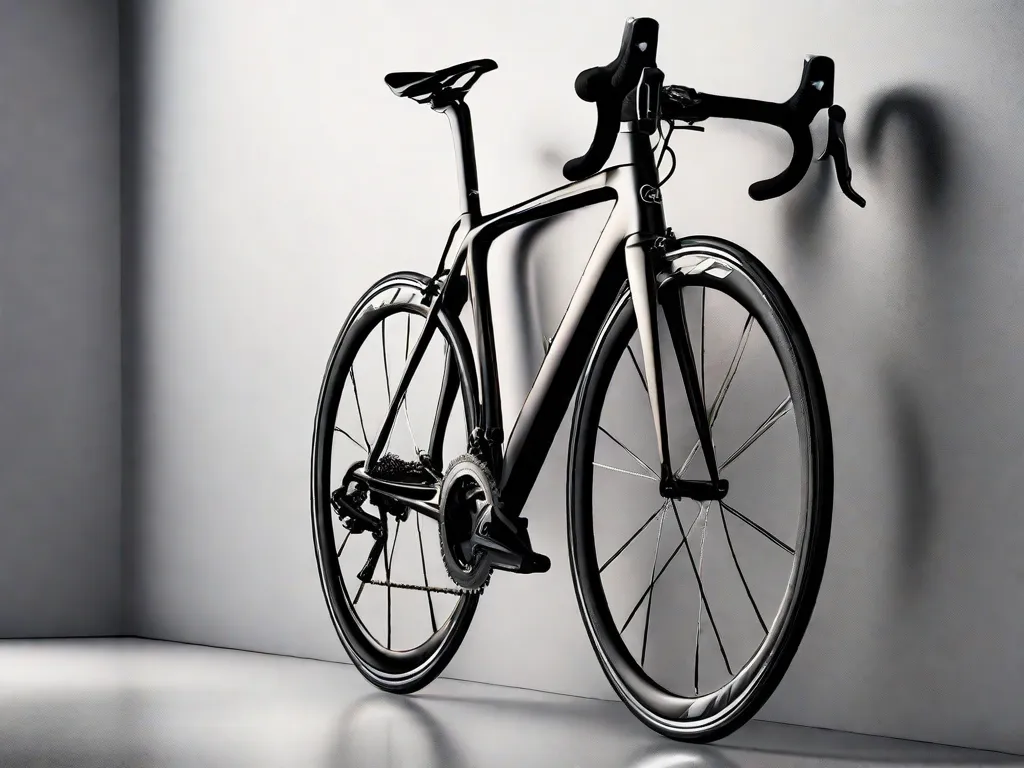 Uma elegante bicicleta de estrada está encostada em uma parede branca, seu quadro de carbono brilhando sob uma iluminação suave. O foco está no intricado sistema de marchas e no acabamento preto fosco impecável. Um capacete repousa sobre o guidão, sugerindo estar pronto para a avaliação de um ciclista.
