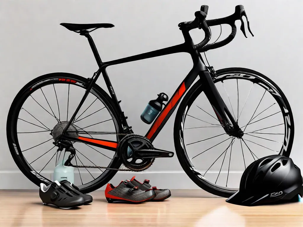 Uma bicicleta de estrada elegante está encostada em uma parede branca, com um capacete repousando no guidão. Por perto, um par de sapatilhas de ciclismo, luvas e óculos de sol estão cuidadosamente organizados, prontos para o ciclista. Uma garrafa de água cheia até a borda está colocada no suporte de quadro da bicicleta.