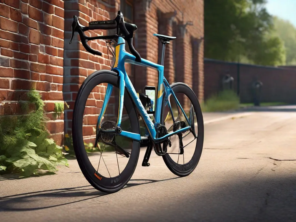 Uma bicicleta de estrada elegante está encostada em uma parede de tijolos rústica, equipada com acessórios essenciais: um pequeno bolsa sob o assento, uma garrafa de água ergonômica em um suporte seguro, um dispositivo GPS montado no guidão e luzes de segurança LED brilhantes fixadas tanto na frente quanto atrás.