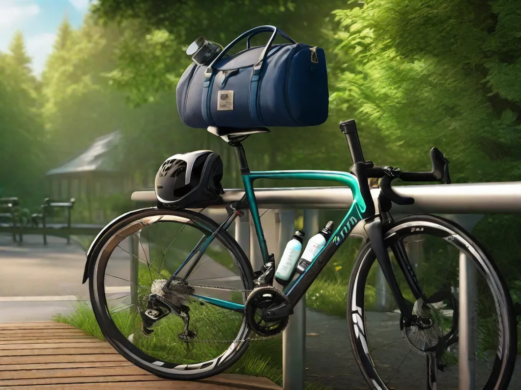 Uma bicicleta de estrada encostada em um banco de parque com uma garrafa de água no suporte, um par de luvas de ciclismo repousando no assento e um capacete pendurado no guidão. Ao fundo, há uma pista de ciclismo pavimentada cercada por vegetação exuberante.