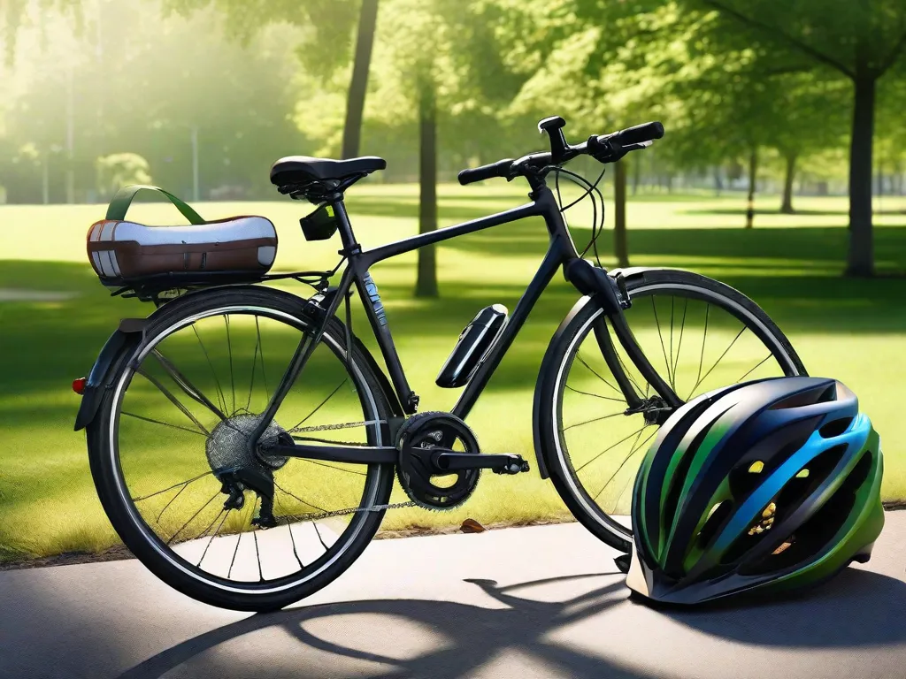 Uma bicicleta encostada em um banco de parque iluminado pelo sol, com um capacete pendurado no guidão e uma garrafa de água no suporte, pronta para um passeio. Por perto, árvores verdejantes balançam suavemente, sugerindo um ambiente sereno para pedalar.