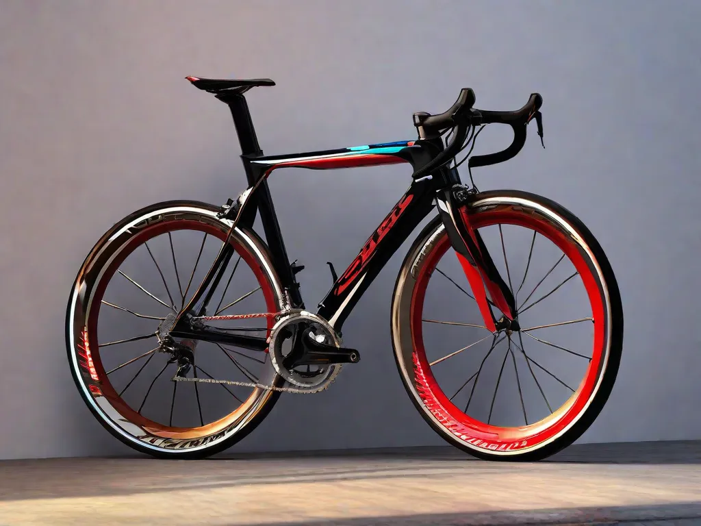 Descrição: Uma imagem em close-up de um quadro de bicicleta recém-pintado, mostrando sua cor vibrante e acabamento suave. A bicicleta está apoiada contra uma parede, com um pano macio próximo, enfatizando a importância dos cuidados pós-pintura.