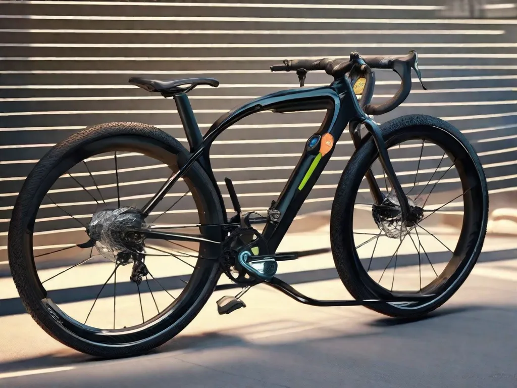 Uma bicicleta robusta está trancada a um suporte de bicicletas moderno com um cadeado em U de alta tecnologia que possui um sistema de alarme integrado. Um rastreador GPS acoplado está discretamente escondido sob o assento, e o guidão é equipado com tecnologia de reconhecimento de impressão digital.