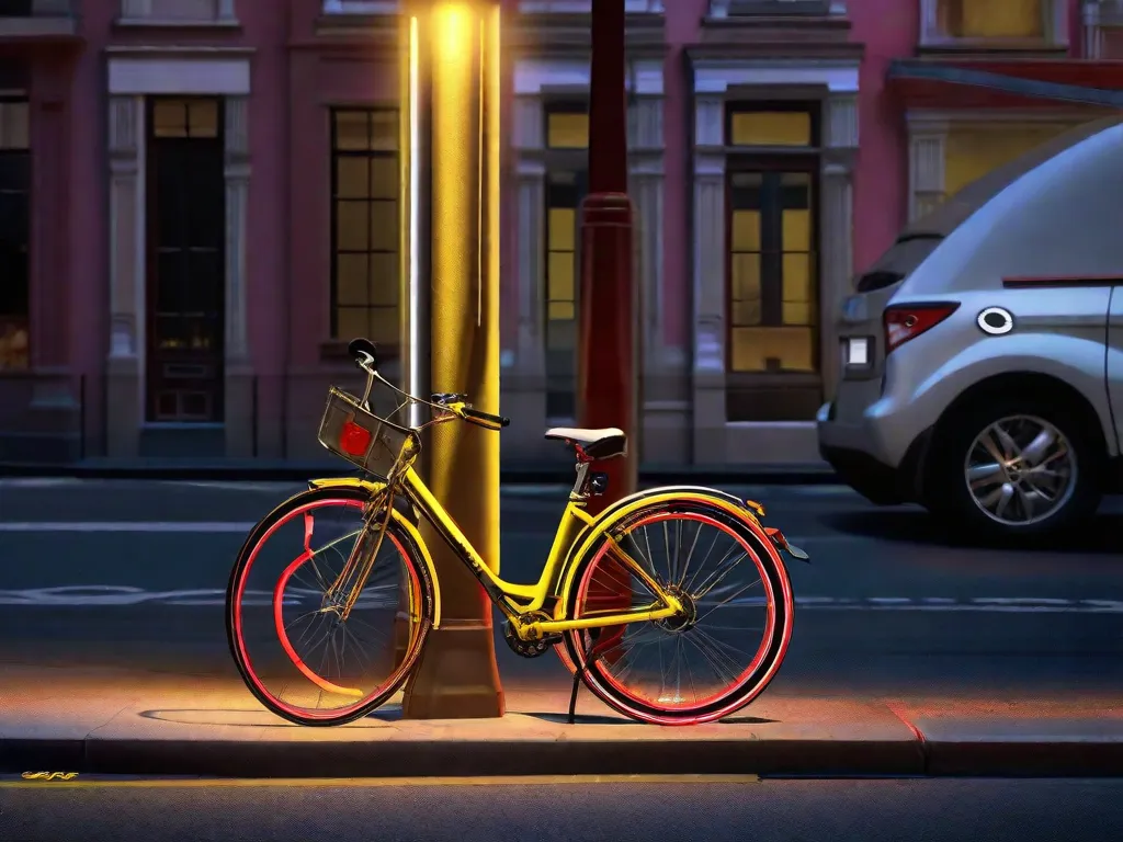 Uma bicicleta solitária com faixas refletoras no quadro e nas rodas, estacionada junto a um poste de luz em uma rua urbana deserta. A bicicleta está equipada com um farol LED brilhante e uma luz traseira vermelha piscante, com um colete de segurança amarelo neon pendurado sobre o selim.