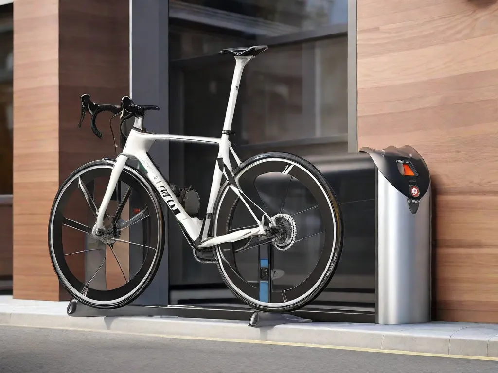 Um resistente cadeado em U prende uma elegante bicicleta de estrada a um robusto e imóvel suporte de bicicletas em uma área pública bem iluminada. O quadro da bicicleta e a roda traseira estão ambos envolvidos pelo cadeado, desencorajando potenciais ladrões. Uma câmera de vigilância por vídeo (CCTV) é visível ao fundo, supervision