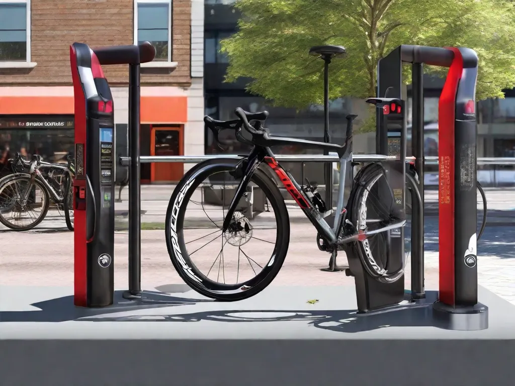 Um resistente cadeado em U prende uma elegante bicicleta de estrada a um robusto suporte de metal para bicicletas em uma área urbana movimentada e bem iluminada. O quadro da bicicleta e uma das rodas estão trancados juntos, desencorajando o furto. Visíveis ao fundo estão câmeras de vigilância por vídeo e uma placa que diz