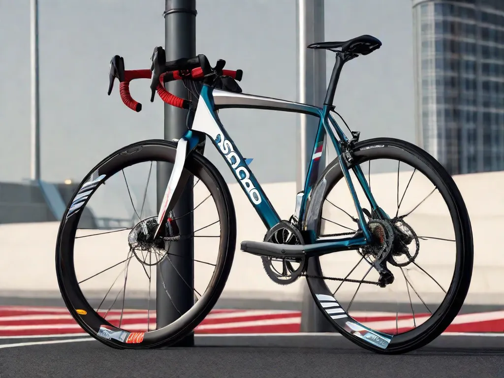 Um resistente cadeado em U prende uma elegante bicicleta de estrada a um robusto suporte para bicicletas imóvel em uma área bem iluminada e de grande movimento. Adesivos refletivos no quadro da bicicleta captam a luz, chamando atenção para as medidas de segurança em vigor.