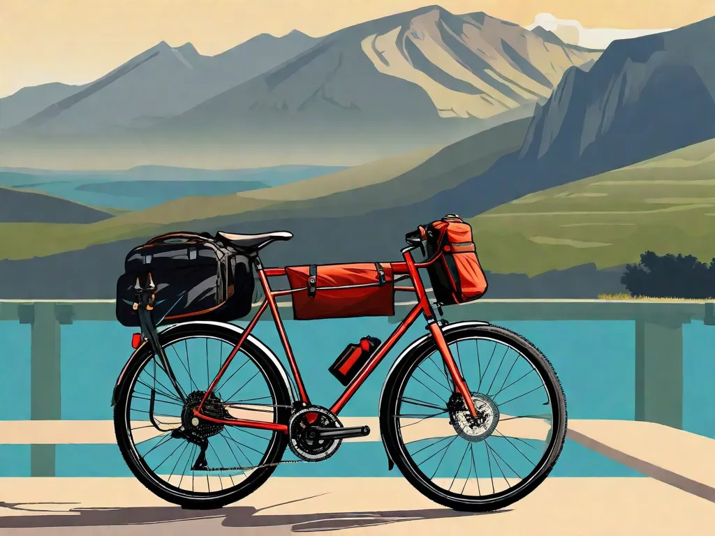 Uma bicicleta com um conjunto de alforjes à prova d'água presos ao bagageiro traseiro, uma bolsa de guidão e uma pequena bolsa de quadro, todos embalados e prontos para uma aventura de longa distância. A bicicleta está apoiada contra um cenário cênico de montanhas e estrada aberta sob um céu azul limpo.