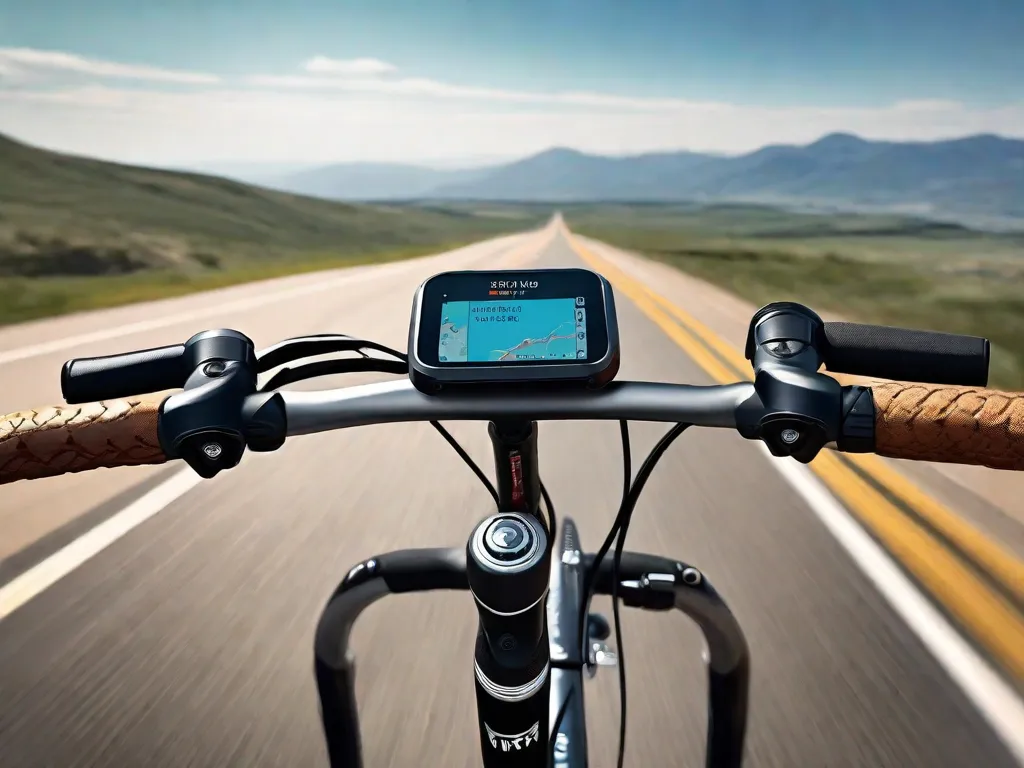 Uma imagem em close-up de guidões estilo borboleta montados em uma bicicleta de turismo, com manoplas ergonômicas e um dispositivo GPS acoplado. Ao fundo, uma paisagem cênica sugere o início de uma jornada de longa distância. Os guidões estão em contraste com um céu limpo, enfatizando o tema de viagem confortável.