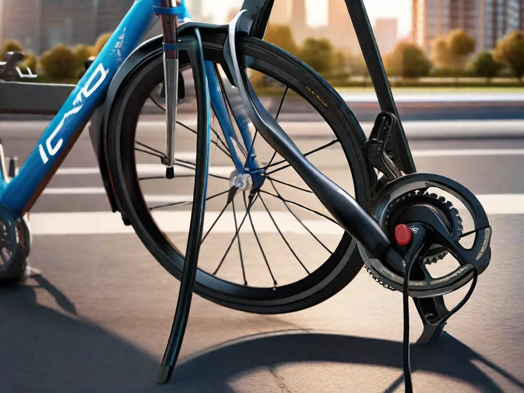 Um robusto cadeado tipo U fixando uma elegante bicicleta de estrada a um suporte metálico para bicicletas, com uma paisagem urbana desfocada ao fundo. O cadeado envolve o quadro da bicicleta e uma das rodas, enfatizando a segurança e a importância de escolher um cadeado de bicicleta confiável.