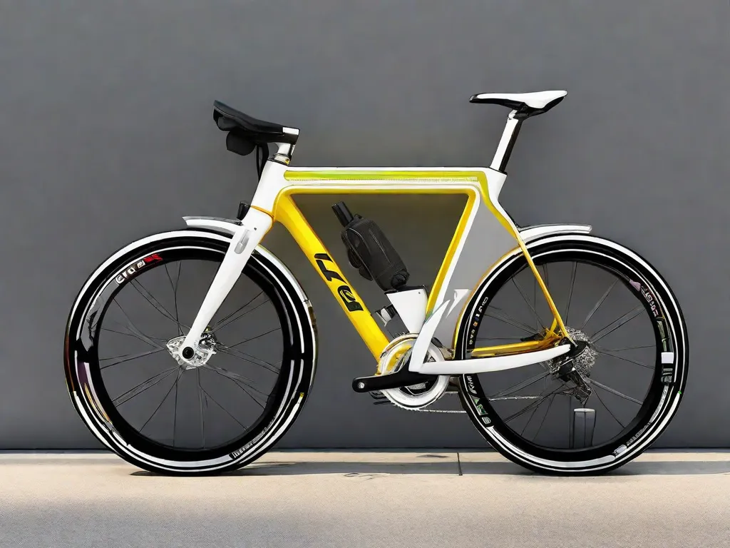 Um resistente cadeado em U prende uma elegante bicicleta de estrada a um moderno suporte público para bicicletas. O quadro da bicicleta brilha sob as luzes da rua, com um papel de apólice de seguro, exibindo um pequeno ícone de bicicleta, parcialmente enfiado sob a tira do selim, simbolizando proteção e tranquilidade para os ciclistas.