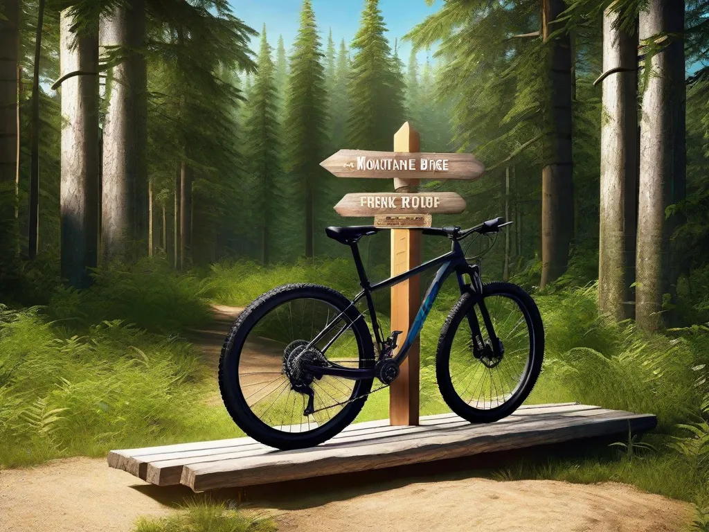 Uma bicicleta de montanha está encostada em uma placa de madeira rústica em uma bifurcação de trilha, cercada por uma floresta densa e verde. A placa indica múltiplas direções, com caminhos que levam para dentro da mata iluminada pelos raios de sol. A atmosfera é de aventura e do desconhecido.