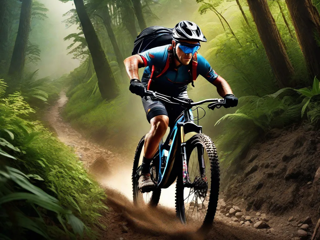 Imagine uma imagem de tirar o fôlego de uma bicicleta de montanha voando por uma trilha acidentada, cercada por vegetação exuberante e árvores imponentes. O ciclista, coberto de sujeira e suor, conquista o terreno desafiador com determinação e habilidade, mostrando a empolgante aventura que espera nas jornadas de ciclismo off-road.
