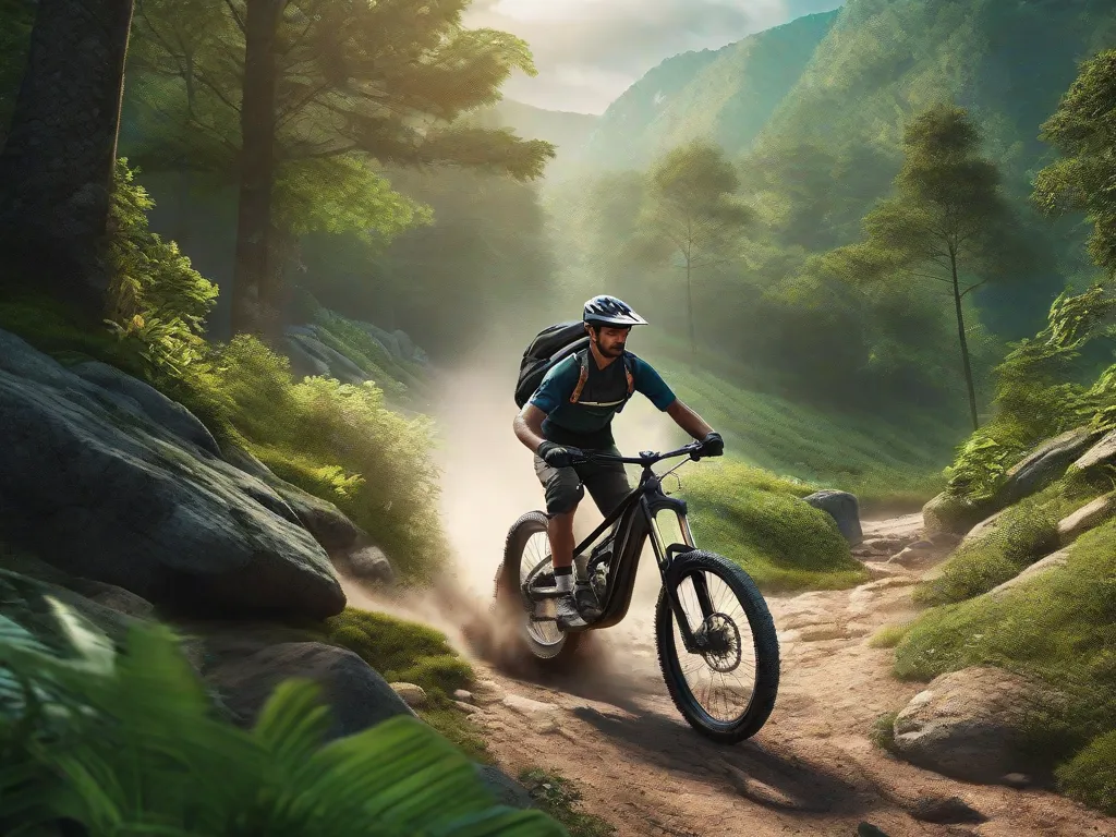 Uma imagem mostrando uma bicicleta de montanha com pneus largos e com cravos, conquistando uma trilha acidentada, rodeada por vegetação exuberante. O ciclista está manobrando com confiança através de uma seção rochosa, destacando a versatilidade da bicicleta e sua capacidade de lidar com diversos terrenos.