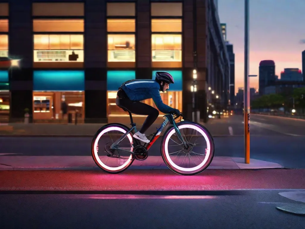 Uma bicicleta solitária com faixas refletoras no quadro e nas rodas está estacionada contra um cenário urbano ao crepúsculo. Luzes de LED brilhantes estão montadas no guidão e sob o assento, projetando um brilho suave no pavimento. Um capacete de segurança com uma luz traseira repousa sobre o guidão.