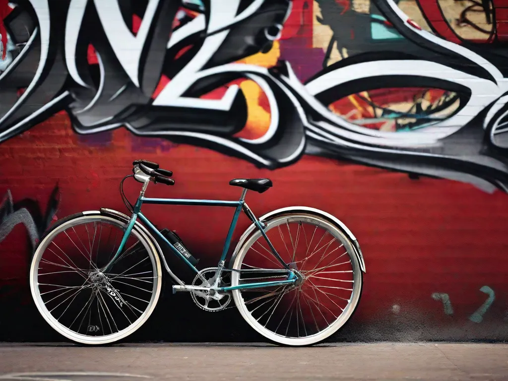 Uma bicicleta urbana elegante está encostada em um muro coberto de grafite, com seus distintos guidões em forma de chifre de touro exibidos de forma proeminente, oferecendo um apelo minimalista, porém funcional, para ciclistas da cidade.