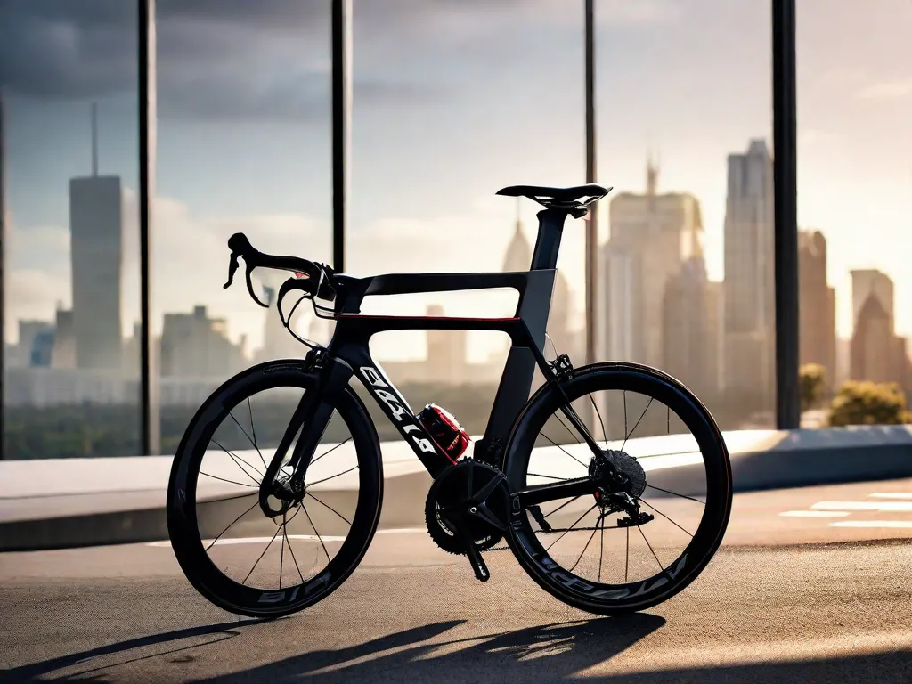Uma bicicleta de estrada elegante está encostada em uma parede urbana, com uma rua movimentada da cidade ao fundo. O quadro da bicicleta reflete a luz do sol, destacando seu design aerodinâmico, enquanto um dispositivo GPS montado no guidão sugere uma abordagem estratégica para navegar pelo ambiente urbano.