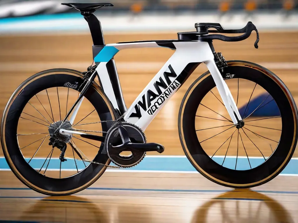 Uma elegante bicicleta de corrida está apoiada nas vibrantes e inclinadas tábuas do velódromo. A pista de madeira polida reflete a silhueta da bicicleta, destacando seu design aerodinâmico. As arquibancadas vazias se erguem ao fundo, enfatizando a expectativa da competição.