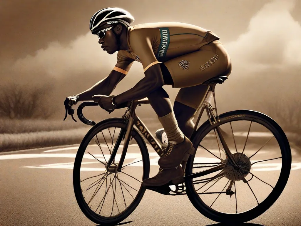 Uma bicicleta de corrida vintage está encostada em um fundo em tons de sépia que apresenta Major Taylor, o ciclista afro-americano campeão mundial, em uma pose de corrida. Seu olhar determinado reflete seu duplo legado de velocidade e sua luta pela igualdade racial no início do século 20.