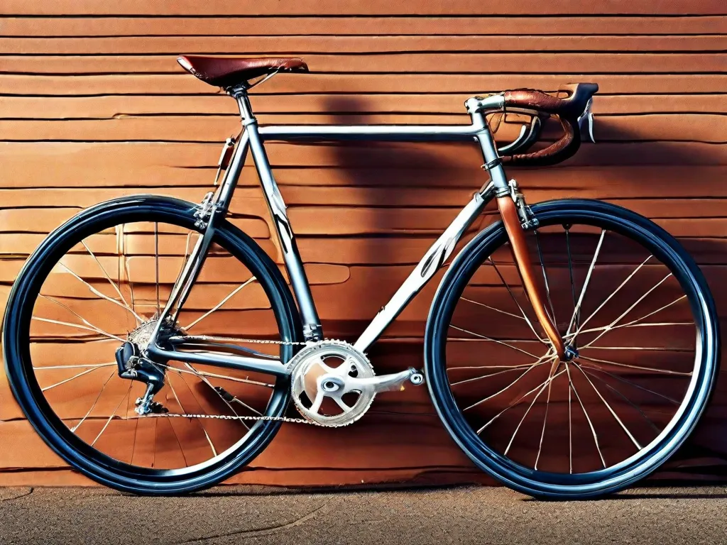 Uma bicicleta de estrada vintage está encostada em uma parede de tijolos envelhecida, seu quadro recém-pintado em um vermelho cereja brilhante. Cromados polidos até ficarem como um espelho, as rodas raiadas capturam a luz. Um selim de couro e fita de guidão combinando completam o restauro clássico.