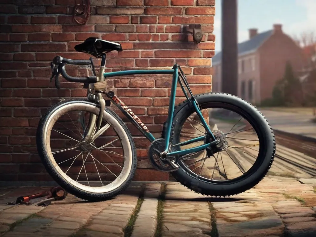 Uma bicicleta de estrada vintage está apoiada contra uma parede de tijolos rústicos; seu quadro parcialmente desmontado. Ferramentas estão espalhadas em um banco de madeira bem desgastado ao lado dela, com um novo conjunto de pneus, raios brilhantes e uma corrente prontos para serem instalados. O ambiente sugere um projeto em meio à restauração.