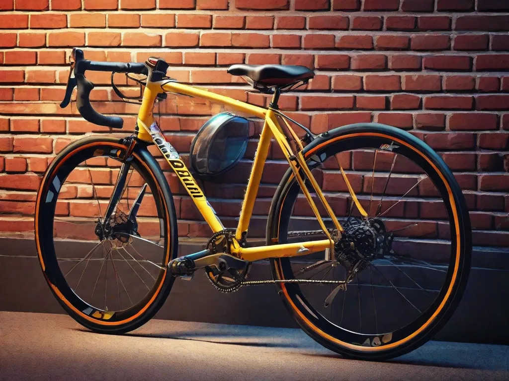 Uma bicicleta de estrada vintage está encostada em uma parede de tijolos, seu quadro adornado com luzes de segurança modernas e uma faixa refletiva de alta visibilidade. A justaposição do quadro clássico de aço com equipamentos de segurança contemporâneos encapsula o equilíbrio entre manter a autenticidade e abraçar atualizações de segurança cruciais