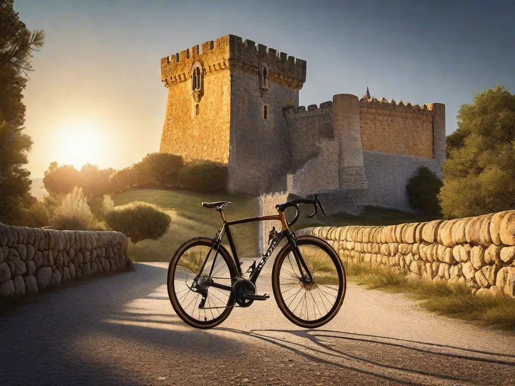 Uma bicicleta de corrida de estilo vintage está encostada em uma antiga parede de pedra com o castelo de Torres Vedras ao fundo, seus guidões imitando a postura orgulhosa de um leão. O sol poente lança um brilho quente sobre a cena, destacando as linhas elegantes da bicicleta e a grandiosidade histórica do castelo.