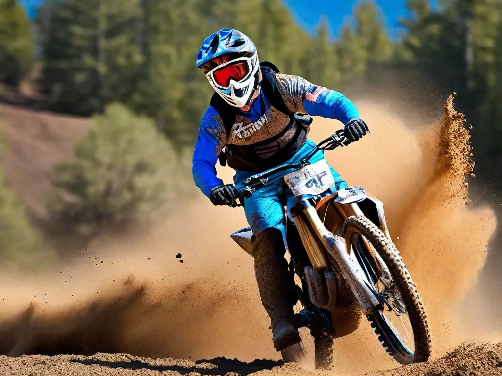 Uma imagem dinâmica de um ciclista de montanha suspenso no ar, com terra voando, contra um céu azul claro. Os pneus da bicicleta estão cobertos de lama, capturando a intensidade de uma trilha fora de estrada. A expressão focada do ciclista e a nítida imobilidade da bicicleta encapsulam a foto de ação perfeita.