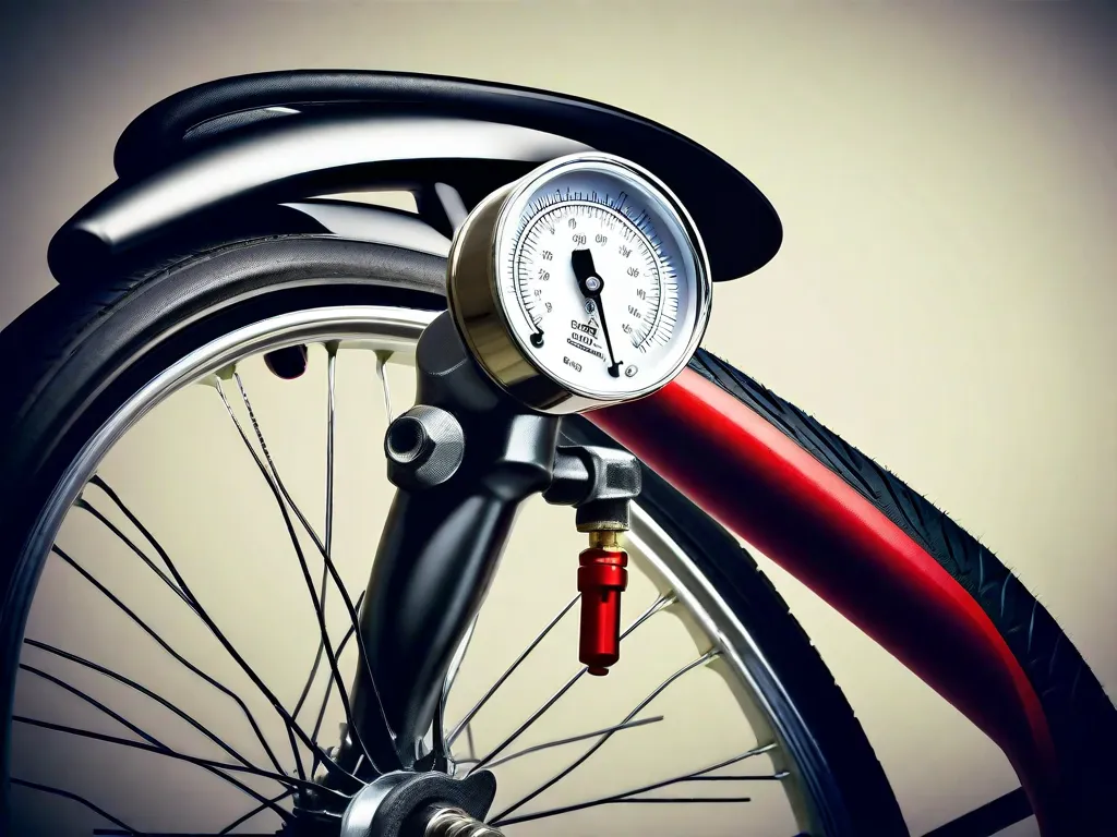 Descrição da ilustração: Uma imagem de uma pessoa segurando uma bomba de bicicleta, com um close-up do manômetro de pressão na bomba. O manômetro mostra a pressão recomendada para o pneu de uma bicicleta, indicando a importância da inflação adequada dos pneus para um desempenho e segurança ótimos.