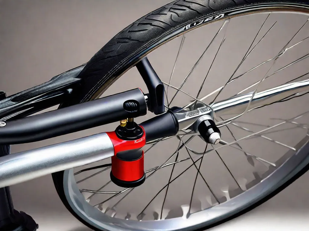 Descrição da imagem: Um close-up de uma bomba de ar de bicicleta acoplada a uma válvula do pneu da bicicleta. O cabo da bomba está sendo pressionado para baixo, com ar fluindo para dentro do pneu. A imagem destaca a simplicidade e conveniência de encher os pneus da bicicleta sem esforço.
