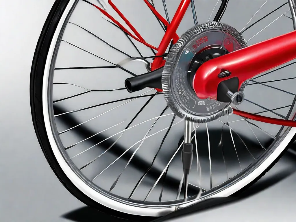 Descrição: Uma imagem em close-up de uma bomba de ar para pneus de bicicleta conectada à válvula da bicicleta. A alça da bomba está sendo pressionada para baixo e o pneu está visivelmente inflando. A imagem destaca a facilidade e conveniência de encher os pneus da bicicleta usando uma bomba.