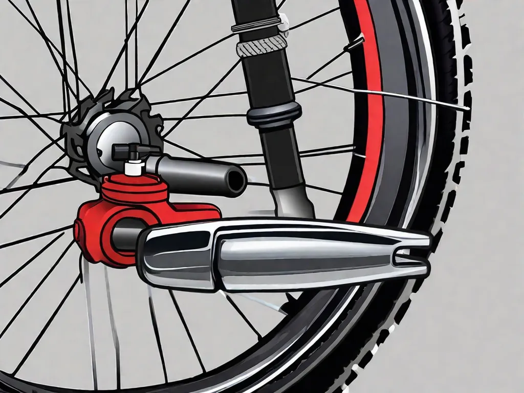 Descrição: Uma imagem em close-up de uma bomba de ar para pneus de bicicleta conectada à válvula da bicicleta. A alça da bomba está sendo pressionada para baixo e o pneu está visivelmente inflando. A imagem destaca a facilidade e conveniência de encher os pneus da bicicleta usando uma bomba.