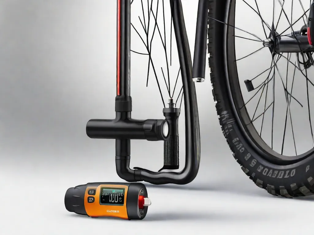 Descrição da imagem: Um close-up de uma mão segurando uma bomba de ar para pneus de bicicleta. A bomba está conectada à válvula do pneu da bicicleta, e a pessoa está inflando o pneu com precisão. O foco está no manômetro de pressão, que mostra o PSI recomendado para um desempenho ideal do pneu.